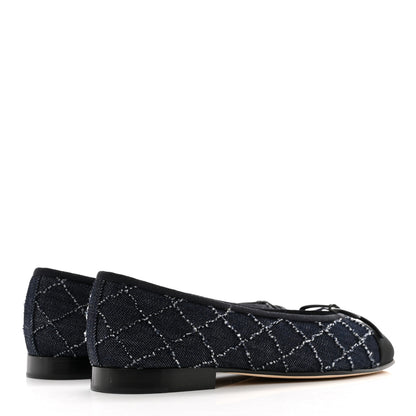 Chanel Denim Quilted Grosgrain Cap Toe Ballerina Flats 37 Dark Blue Black 4 of 9