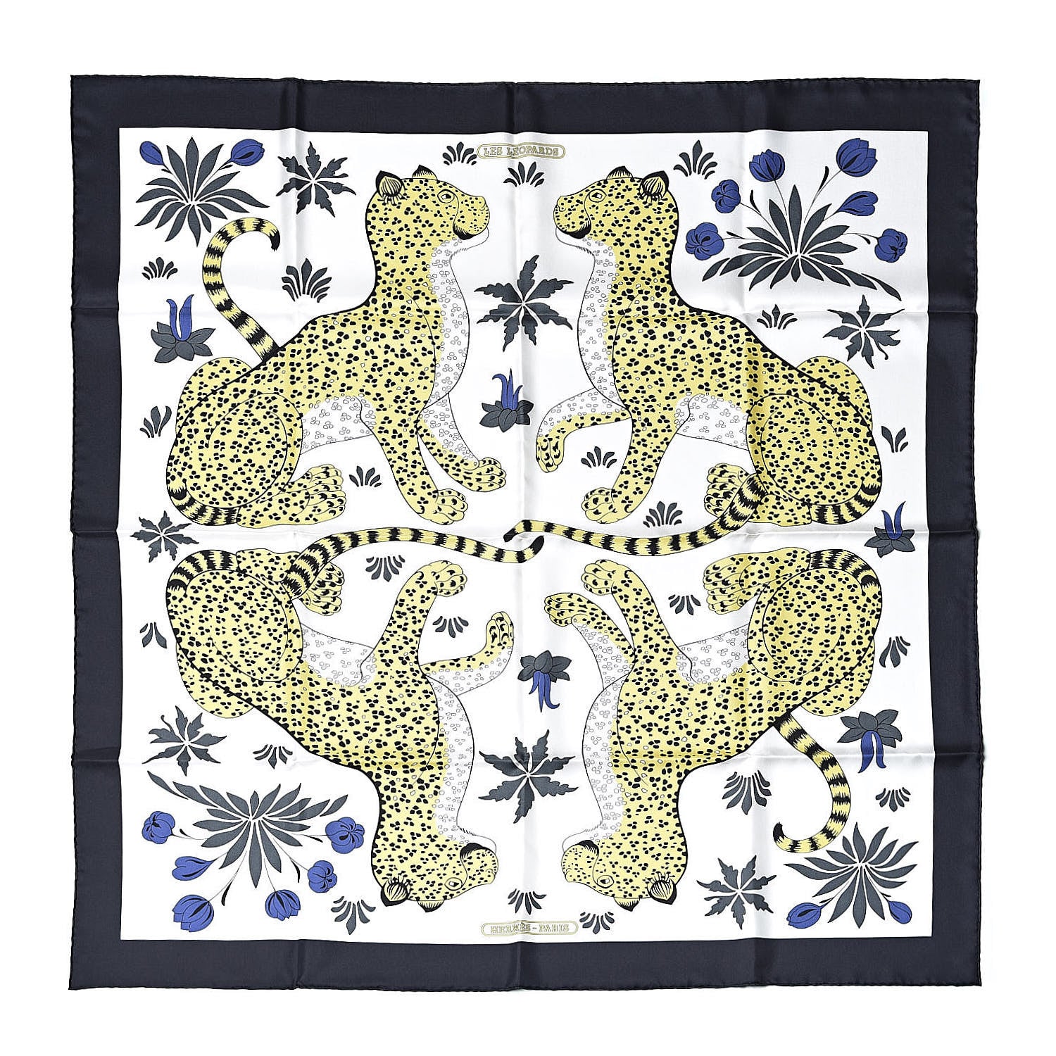 Hermes Silk Les Leopards Scarf 90 Black Blanc Jaune D'Or 1 of 4