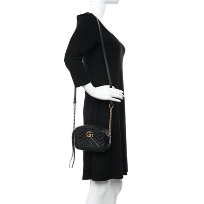 Gucci Calfskin Matelasse Mini GG Marmont Chain Shoulder Bag Black 2 of 12