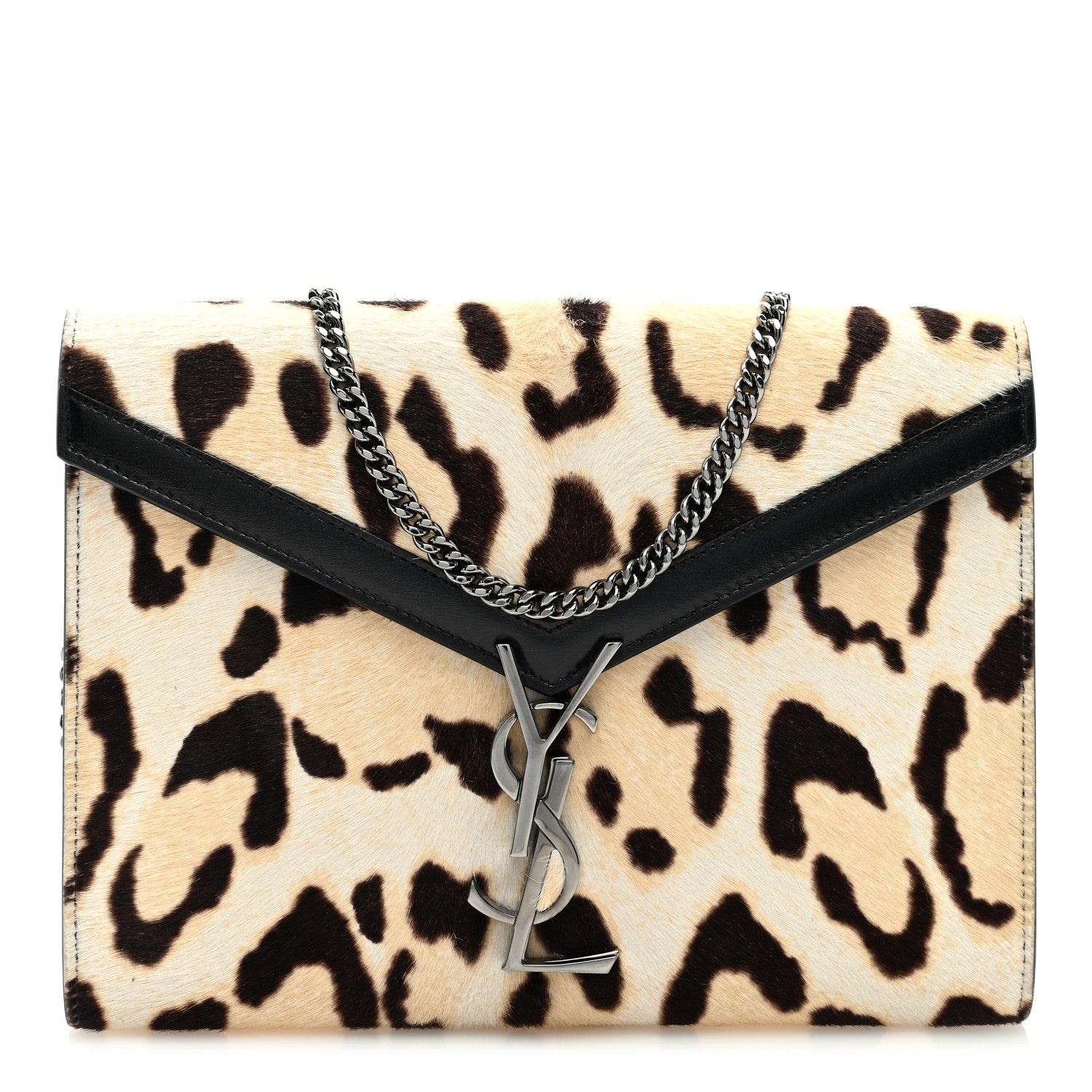 Saint Laurent Calf Hair Leopard Print Monogram Cassandra Chain Wallet White Multicolor 1 of 8