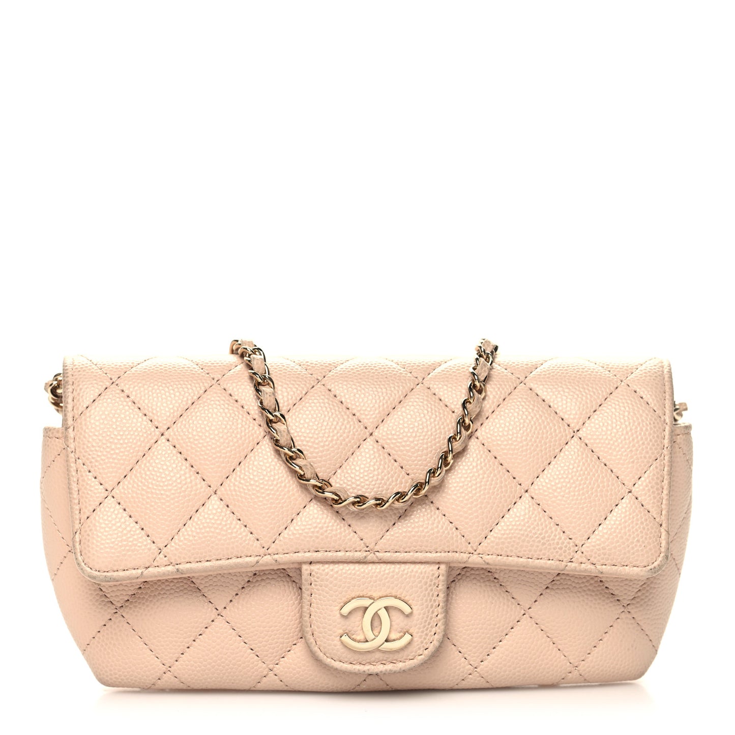 Caviar Quilted Glasses Case With Chain Beige