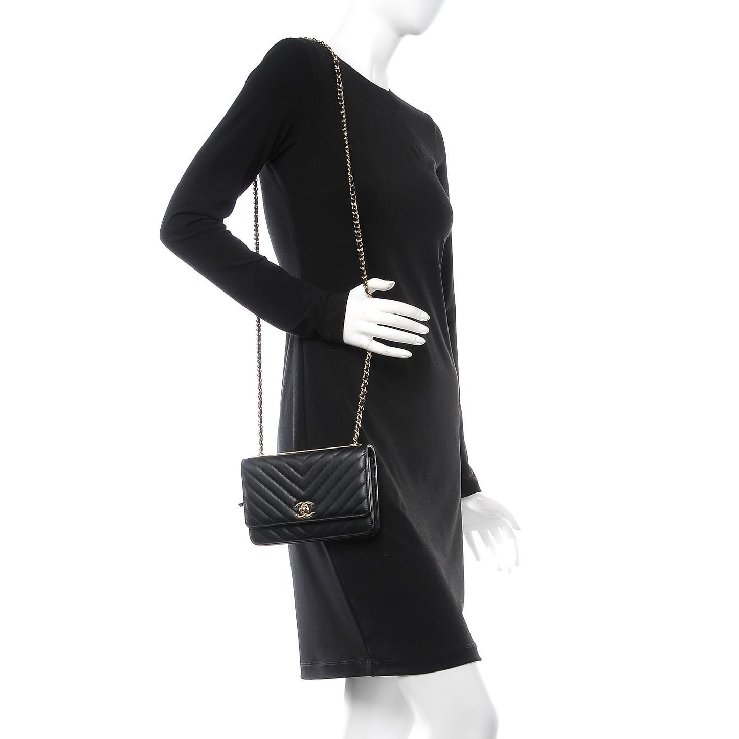Lambskin Chevron Quilted Trendy CC Wallet On Chain WOC Black