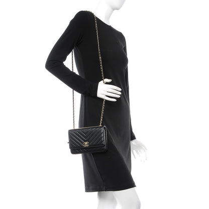Chanel Lambskin Chevron Quilted Trendy CC Wallet On Chain WOC Black 2 of 9