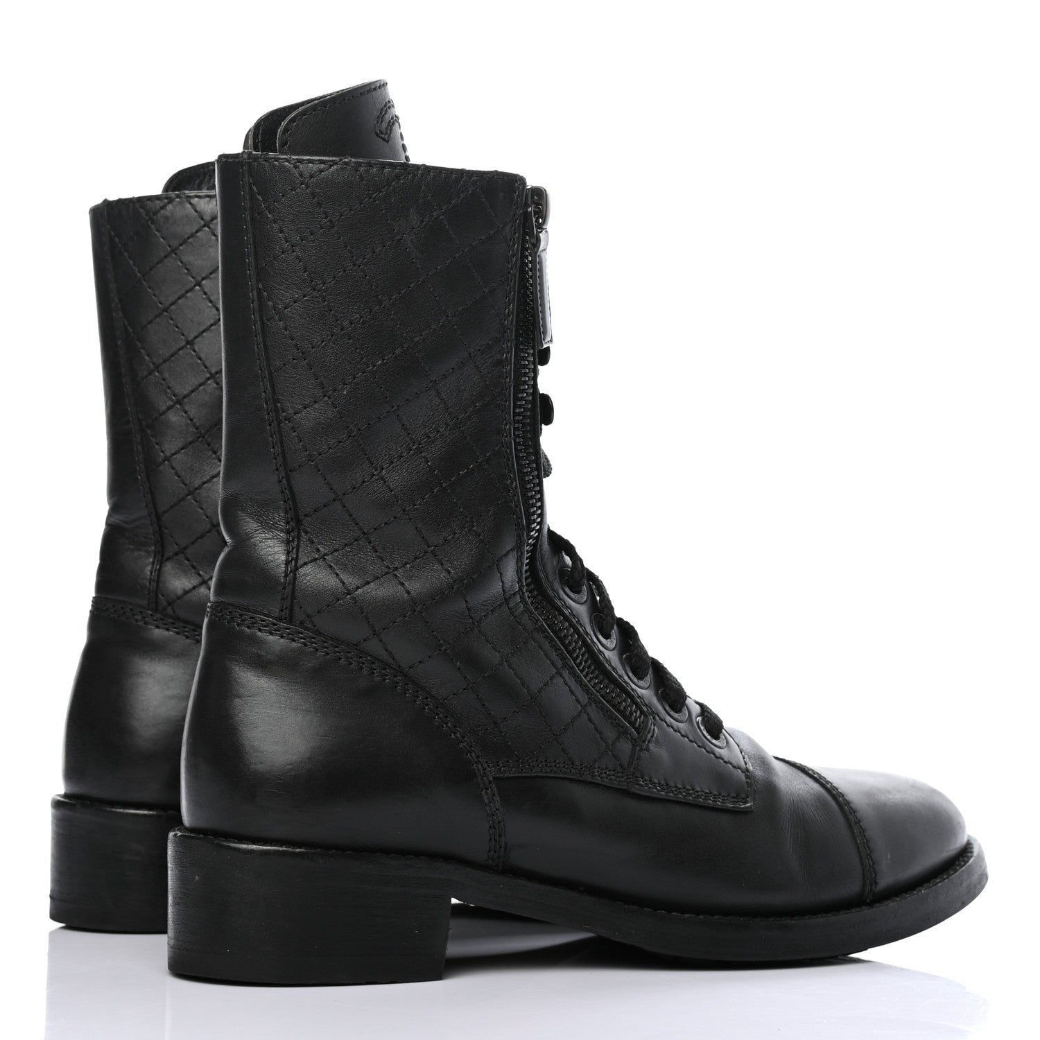 Chanel Calfskin Quilted Lace Up Combat Boots 40 Black 4 of 11