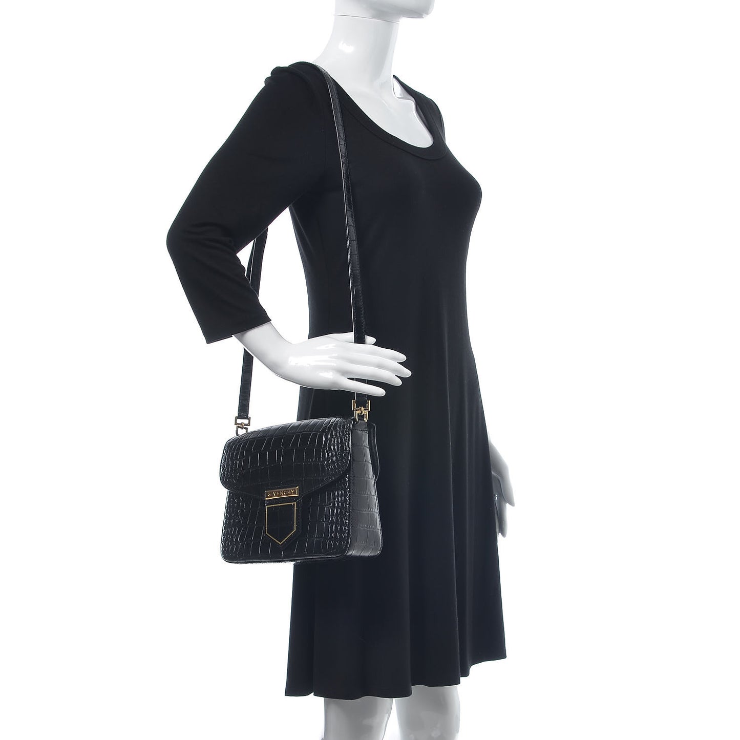 Calfskin Crocodile Embossed Small Nobile Shoulder Bag Black