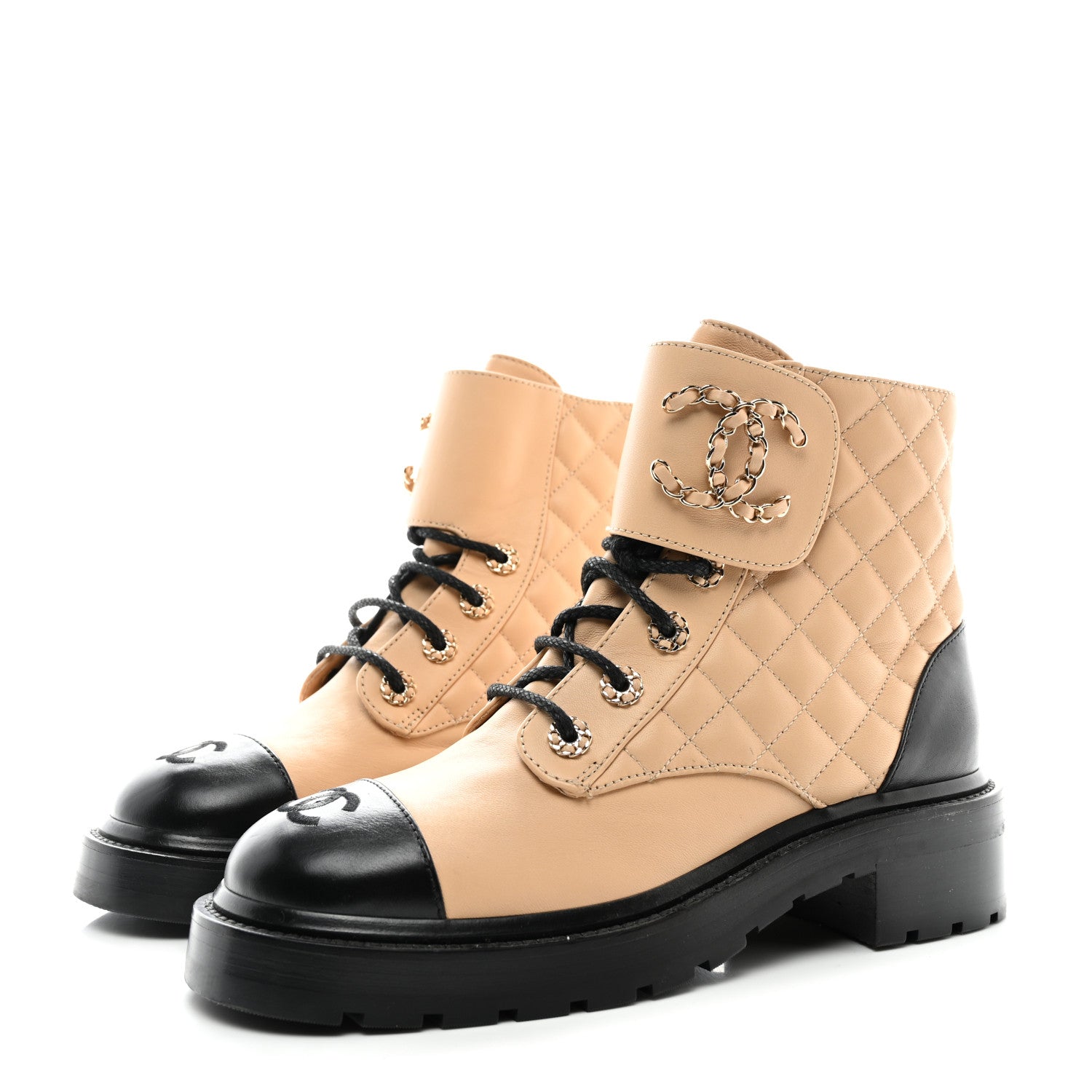 Chanel Lambskin Calfskin Quilted Lace Up Combat Boots 38.5 Beige Black 3 of 9