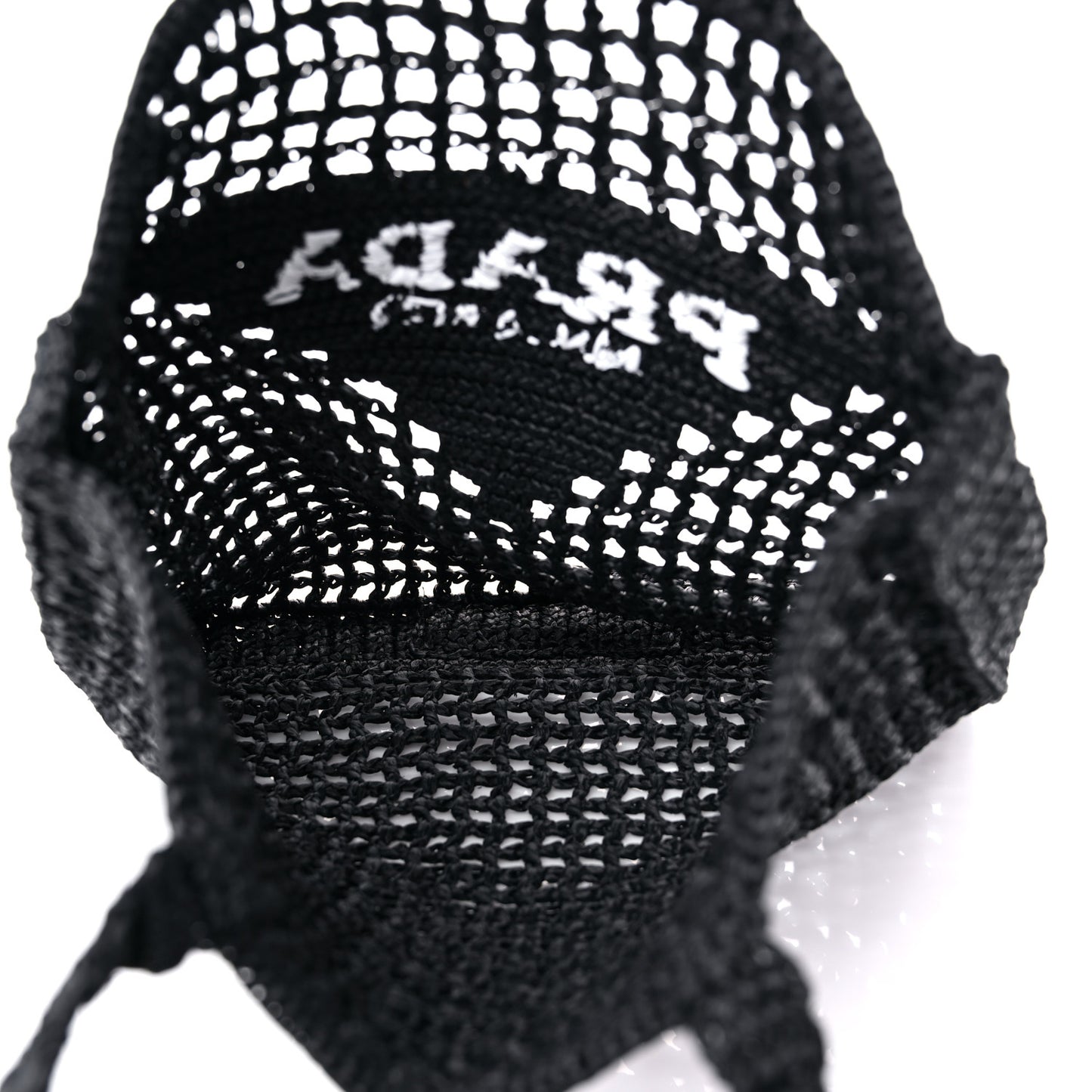 Yarn Raffia Effect Crochet Logo Embroidered Tote Bag Black