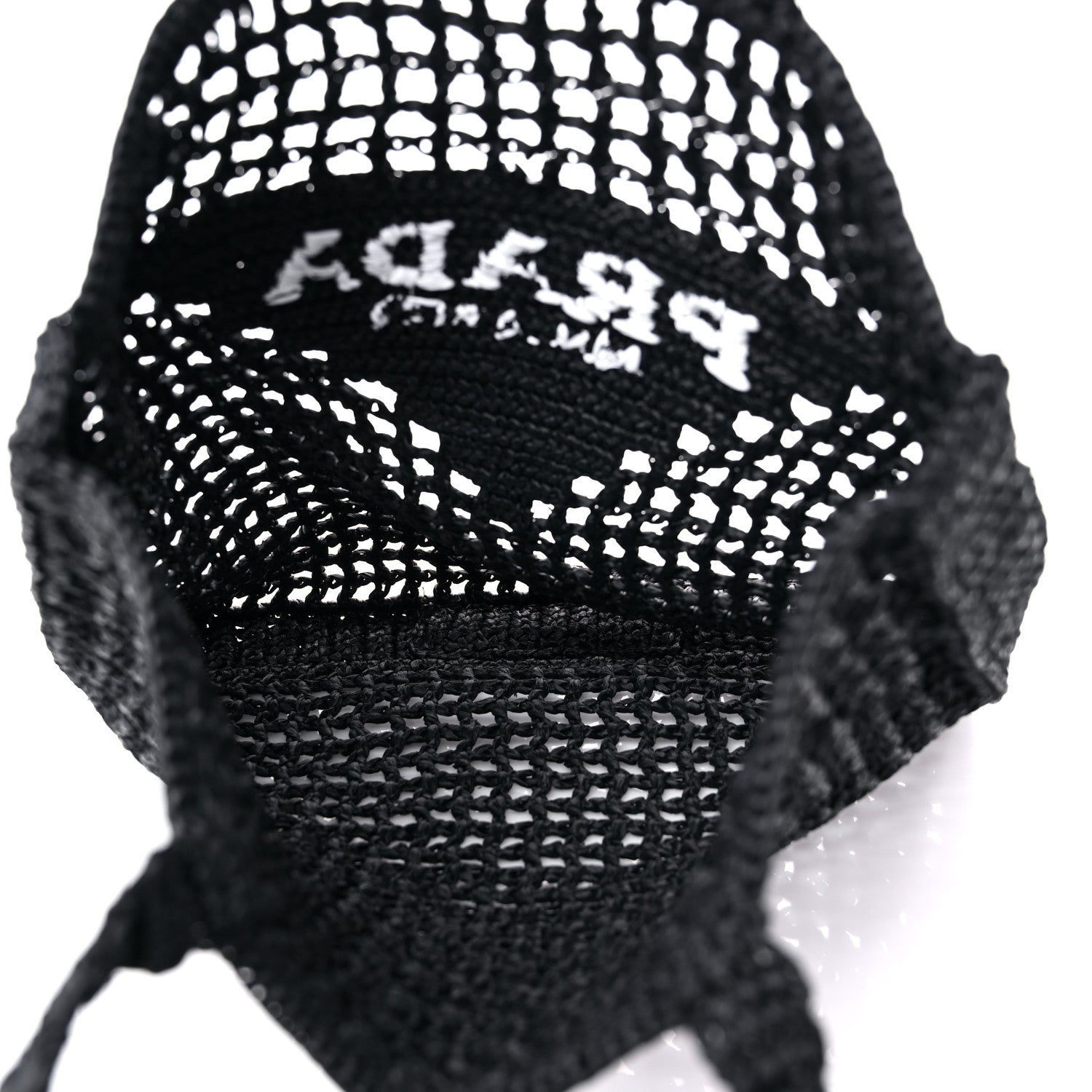Prada Yarn Raffia Effect Crochet Logo Embroidered Tote Bag Black 5 of 7