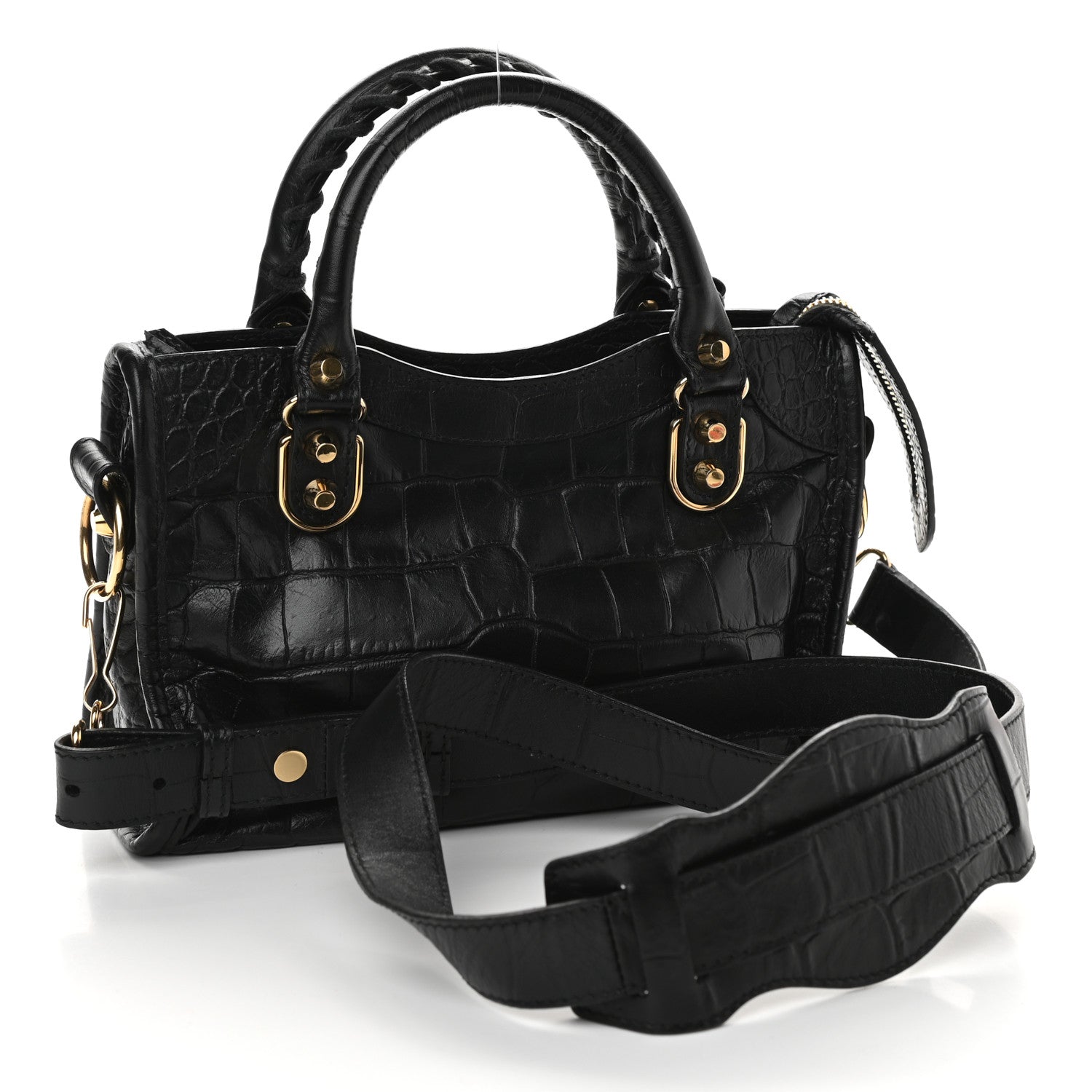 Balenciaga Calfskin Crocodile Embossed Gold Metallic Edge Hardware Mini City Black 3 of 9