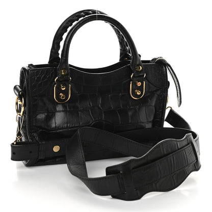 Balenciaga Calfskin Crocodile Embossed Gold Metallic Edge Hardware Mini City Black 3 of 9