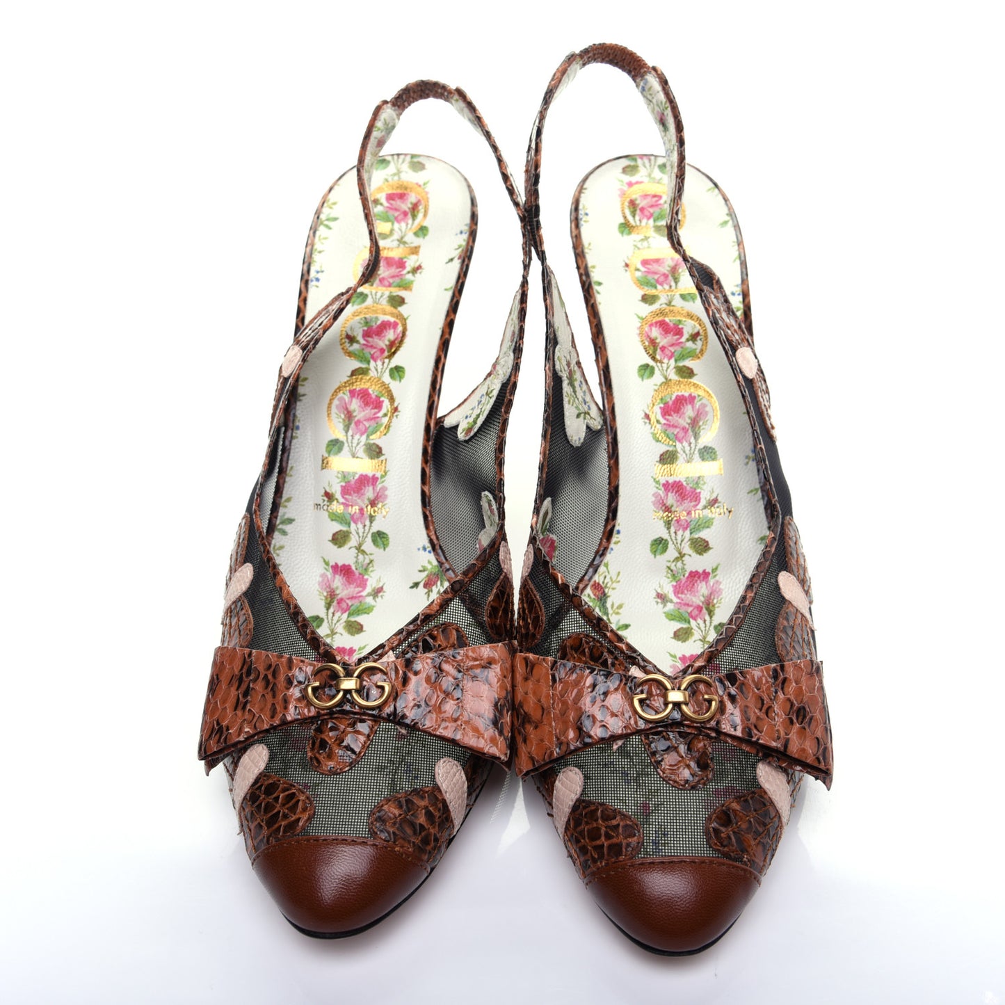 Malaga Kid Elaphe Lizard Butterflies Mid-Heel Slingback Pumps 37.5 Bright Cuir Black Soft Pink