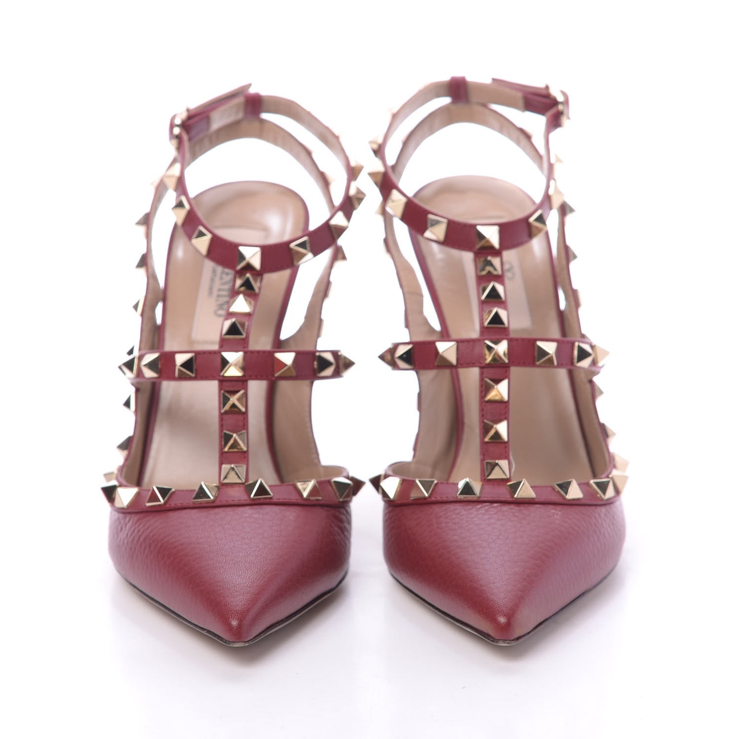 Pebbled Calfskin Rockstud Ankle Strap Pumps 37.5 Rubino