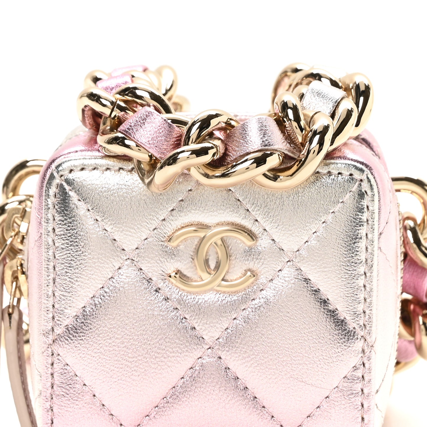 Gradient Metallic Lambskin Quilted Like A Wallet Clutch With Chain Gold Pink