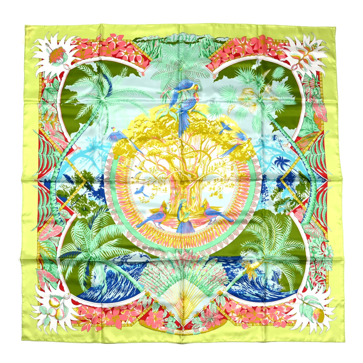 Silk Aloha Scarf 140 Jaune Chartreuse Vert Rose