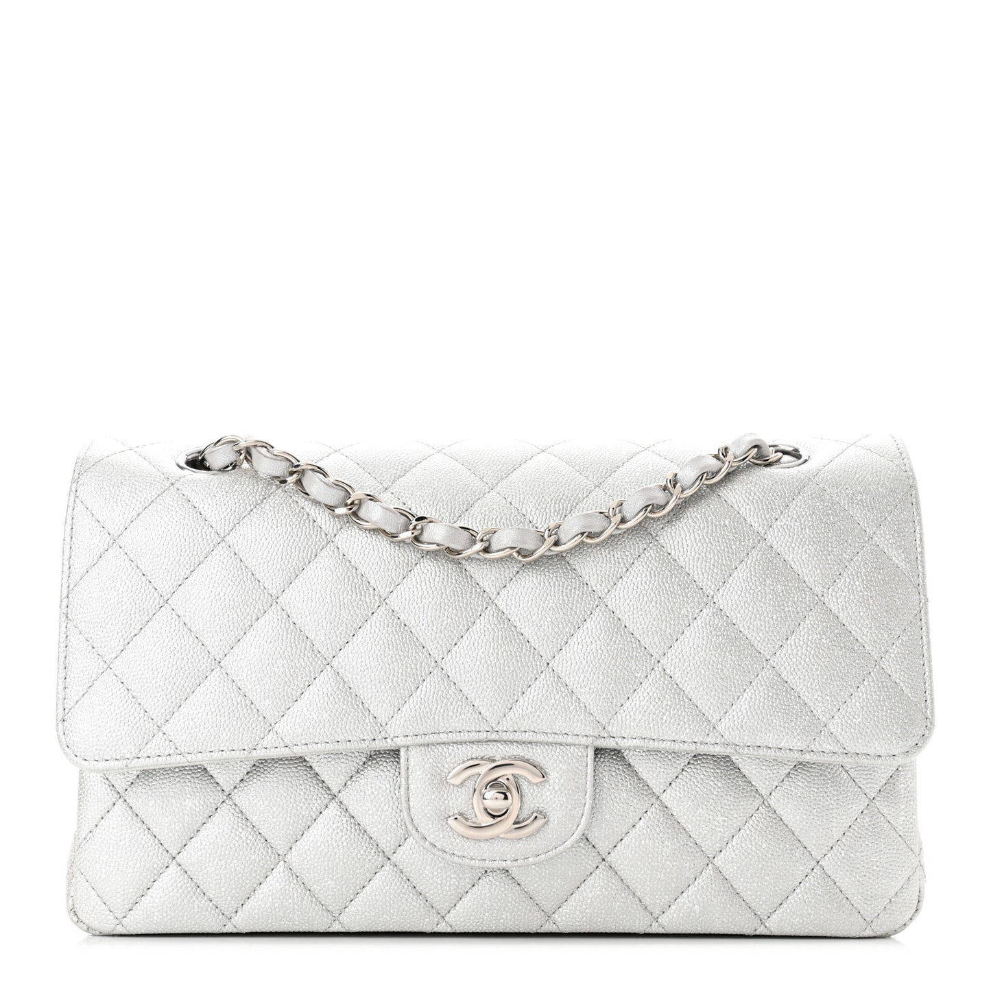 Glittered Metallic Caviar Quilted Medium Double Flap Silver