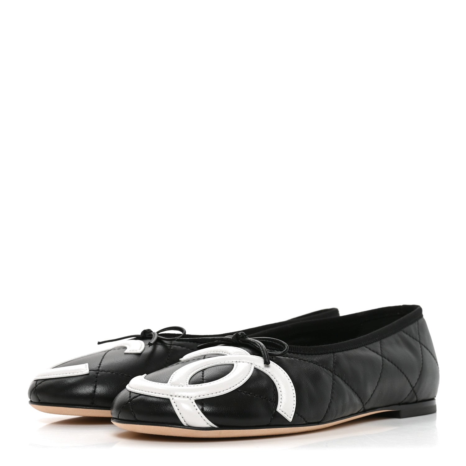Chanel Lambskin Quilted CC Cambon Ballet Flats 38 Black White 4 of 9