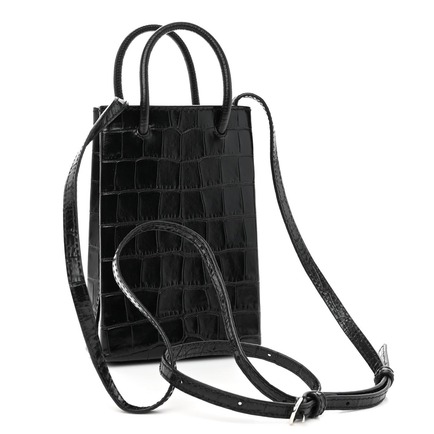 Calfskin Crocodile Embossed Logo Shopping Phone Holder Bag Black
