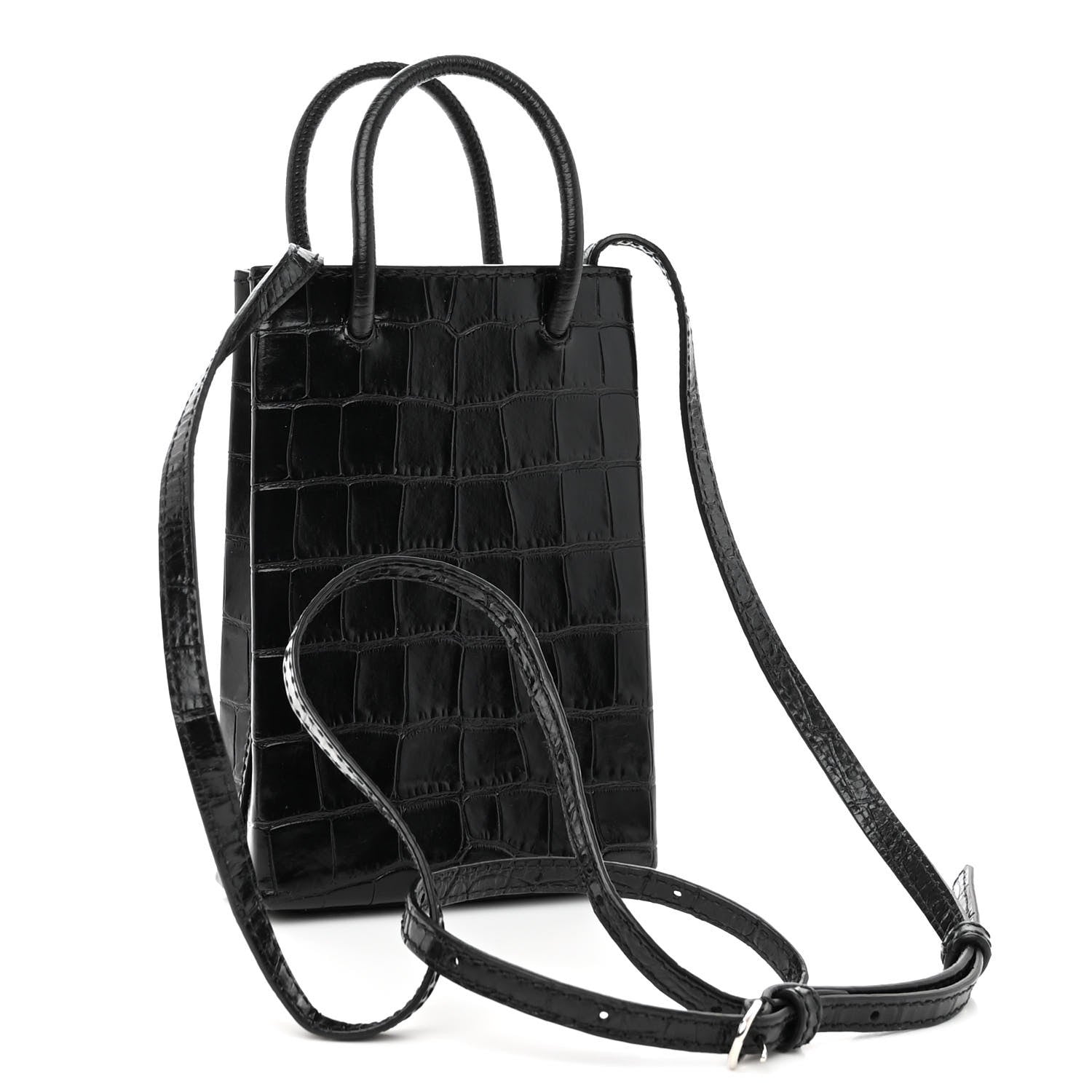 Balenciaga Calfskin Crocodile Embossed Logo Shopping Phone Holder Bag Black 3 of 9