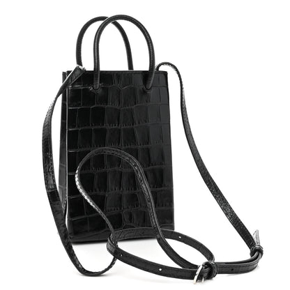 Balenciaga Calfskin Crocodile Embossed Logo Shopping Phone Holder Bag Black 3 of 9