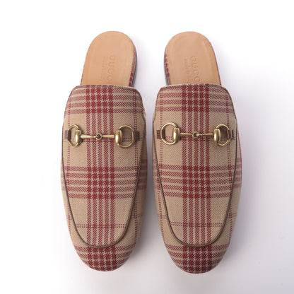 Gucci Canvas Tartan Mens Princetown Slippers 8.5 Camel Red Cuir 5 of 11