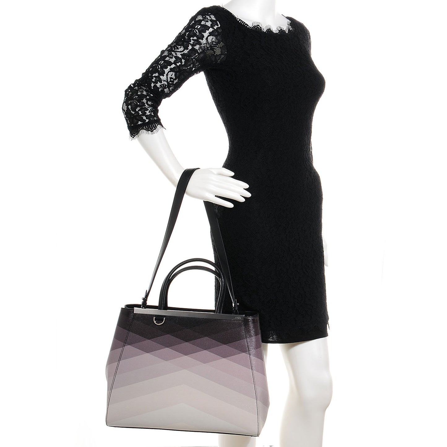 Textured Calfskin Geometric Degrade Medium 2Jours Tote Black Grey