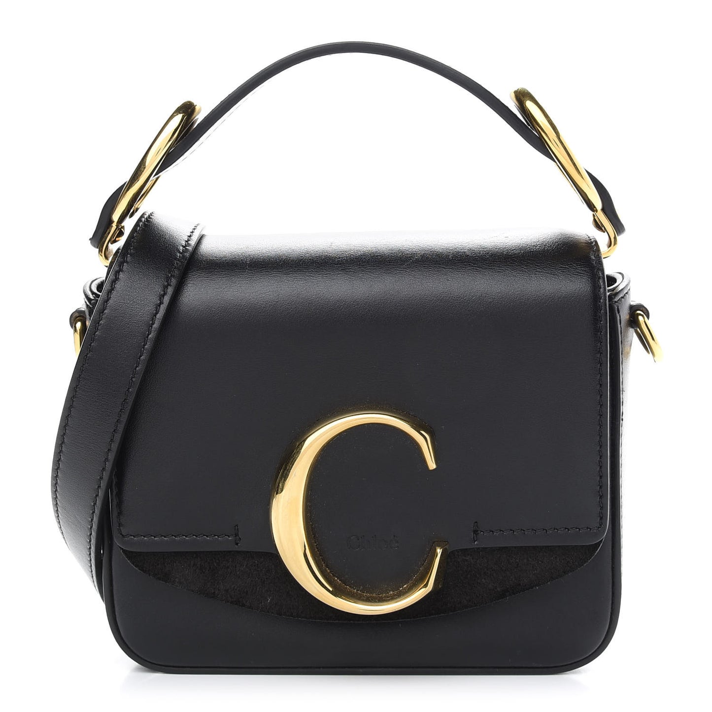 Shiny Calfskin Suede Mini C Double Carry Black