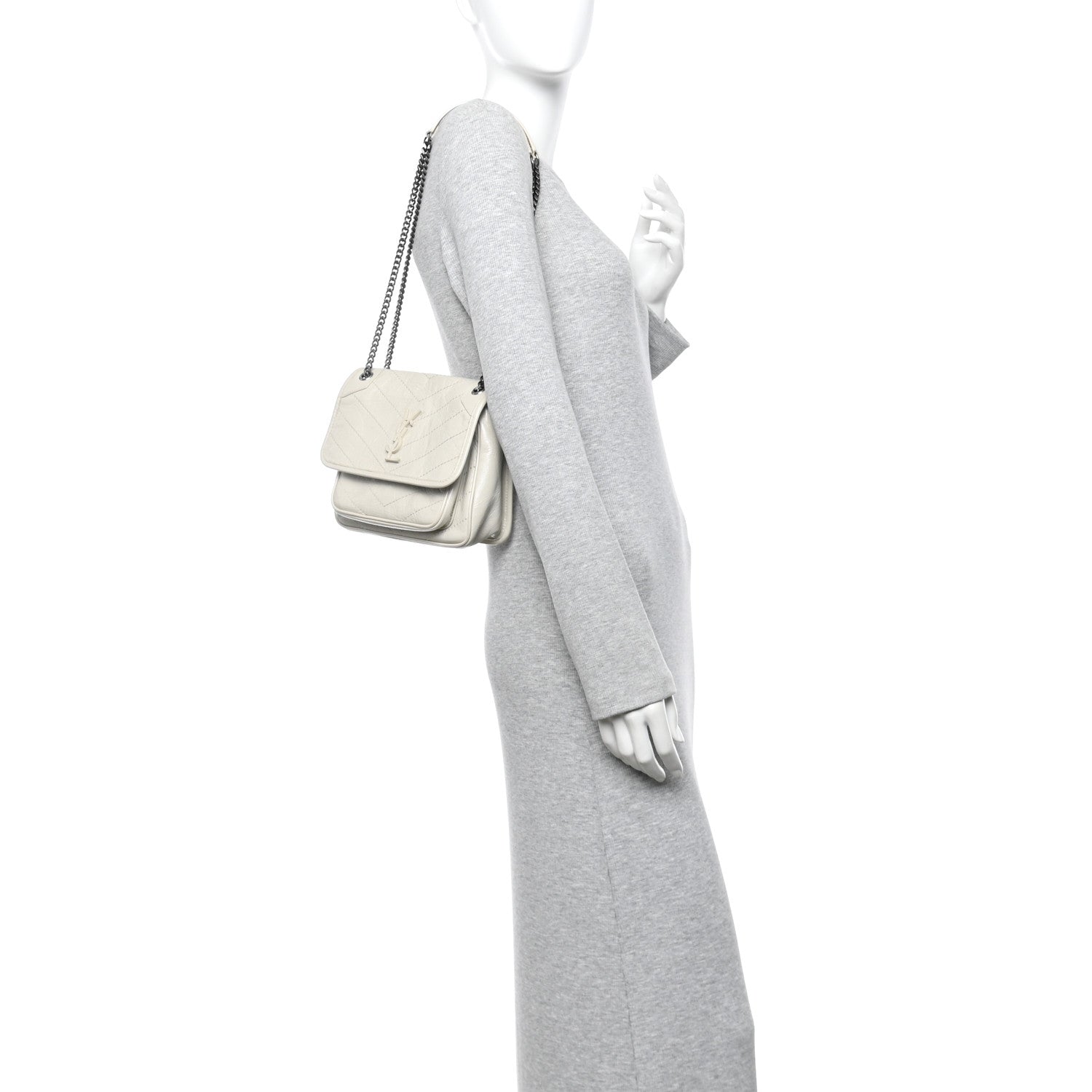 Saint Laurent Crinkled Calfskin Matelasse Monogram Baby Niki Chain Satchel Crema Soft 2 of 13