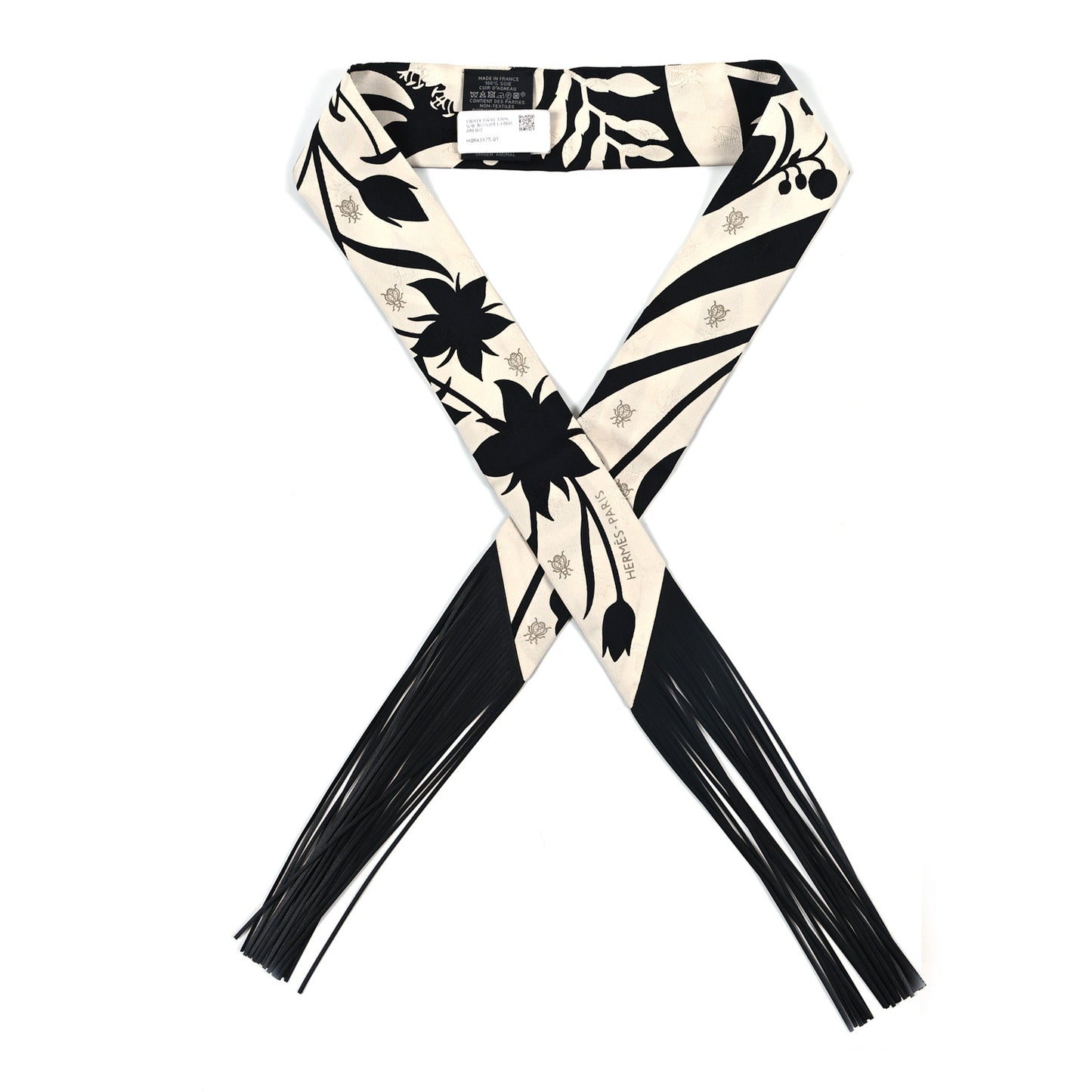 Silk Calfskin Bouquet Final Fringed Twilly Creme Black