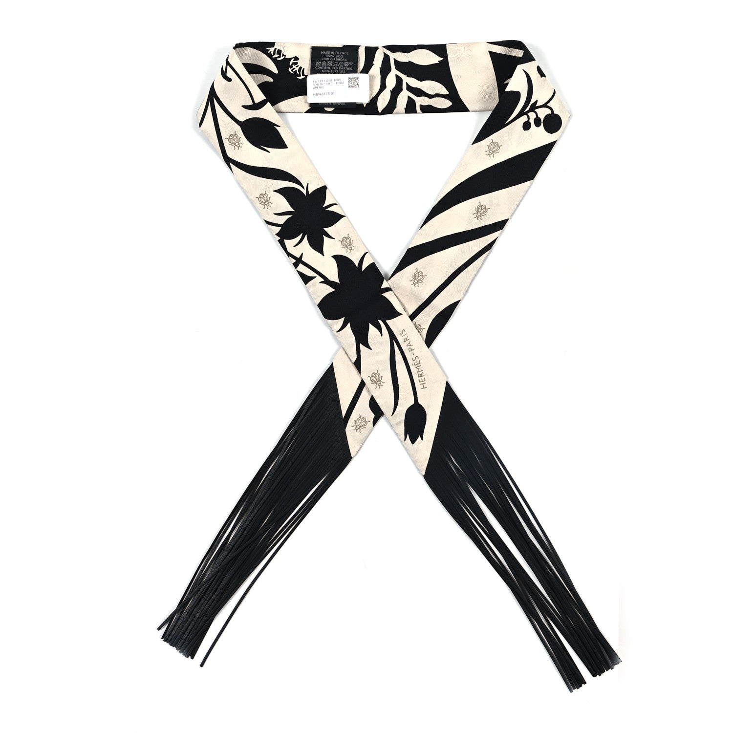 Hermes Silk Calfskin Bouquet Final Fringed Twilly Creme Black 2 of 3
