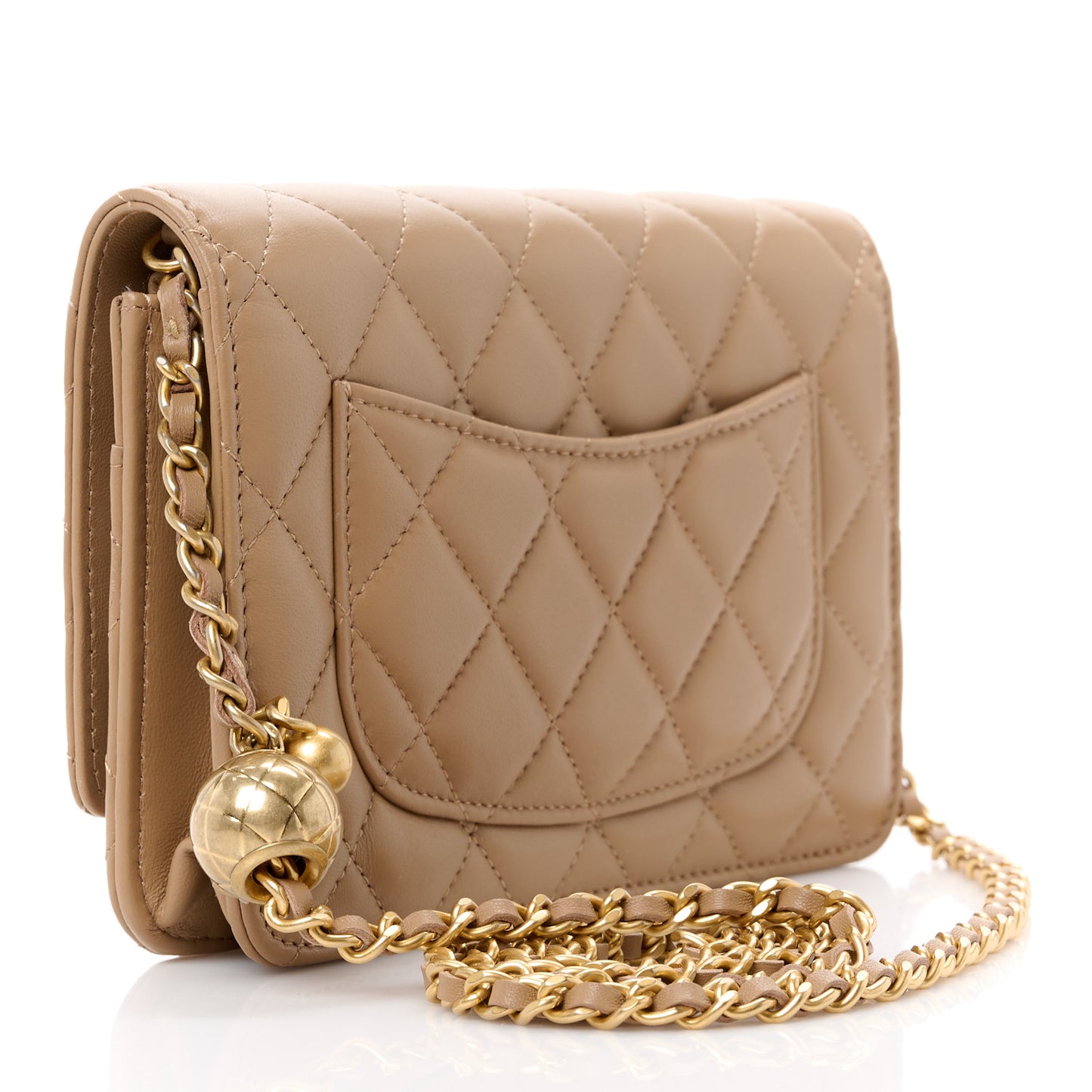Lambskin Quilted CC Pearl Crush Wallet on Chain WOC Beige