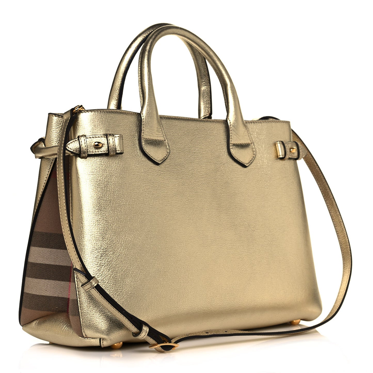 Metallic Grainy Calfskin House Check Medium Banner Tote Gold