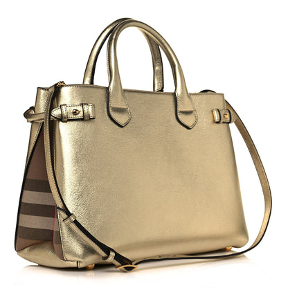 Burberry Metallic Grainy Calfskin House Check Medium Banner Tote Gold 2 of 12