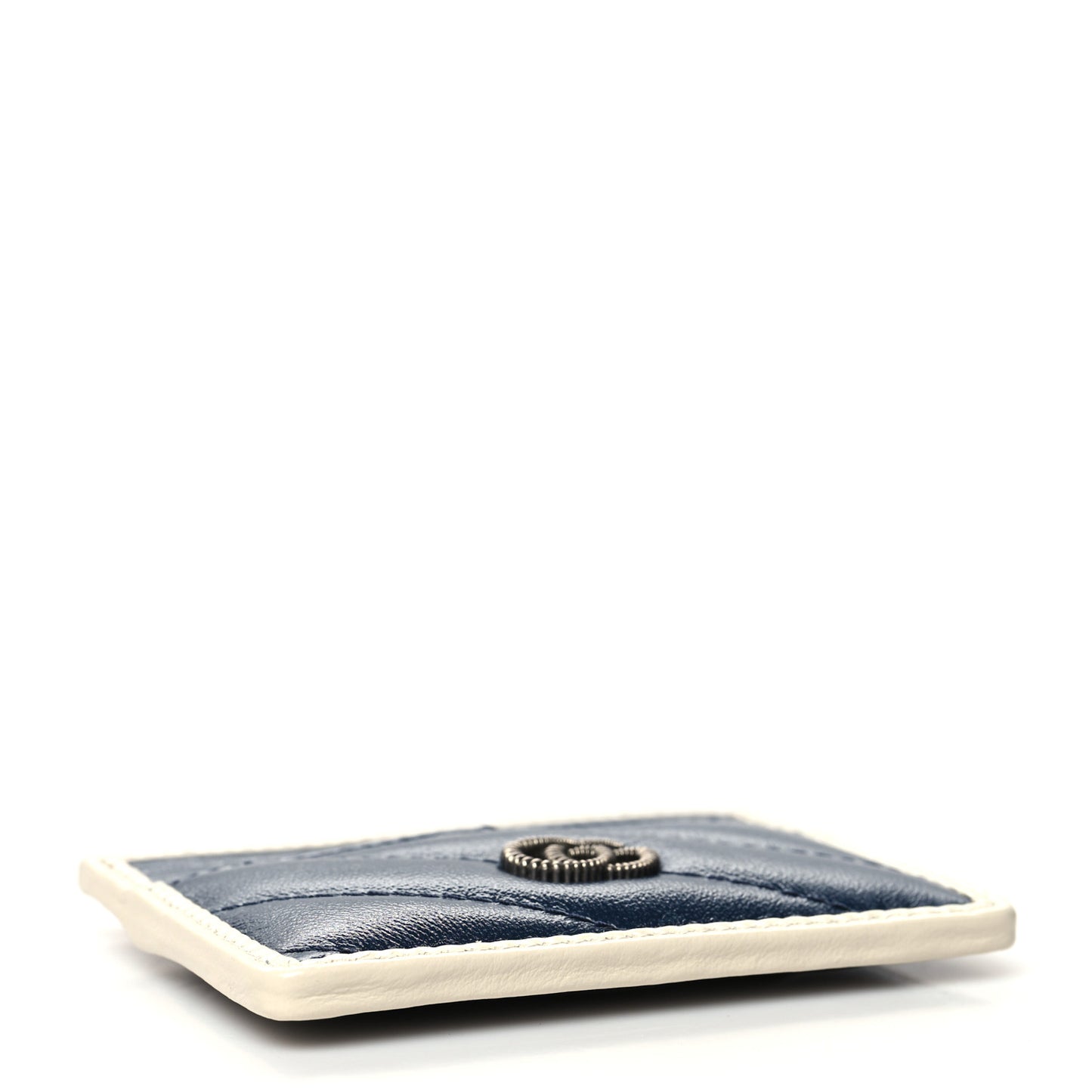 Vintage Effect Calfskin Matelasse Diagonal Torchon GG Marmont Card Holder Blue Agata Mystic White
