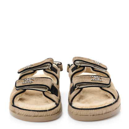 Chanel Calf Hair Suede Shearling Dad Sandals 37.5 Beige 3 of 10