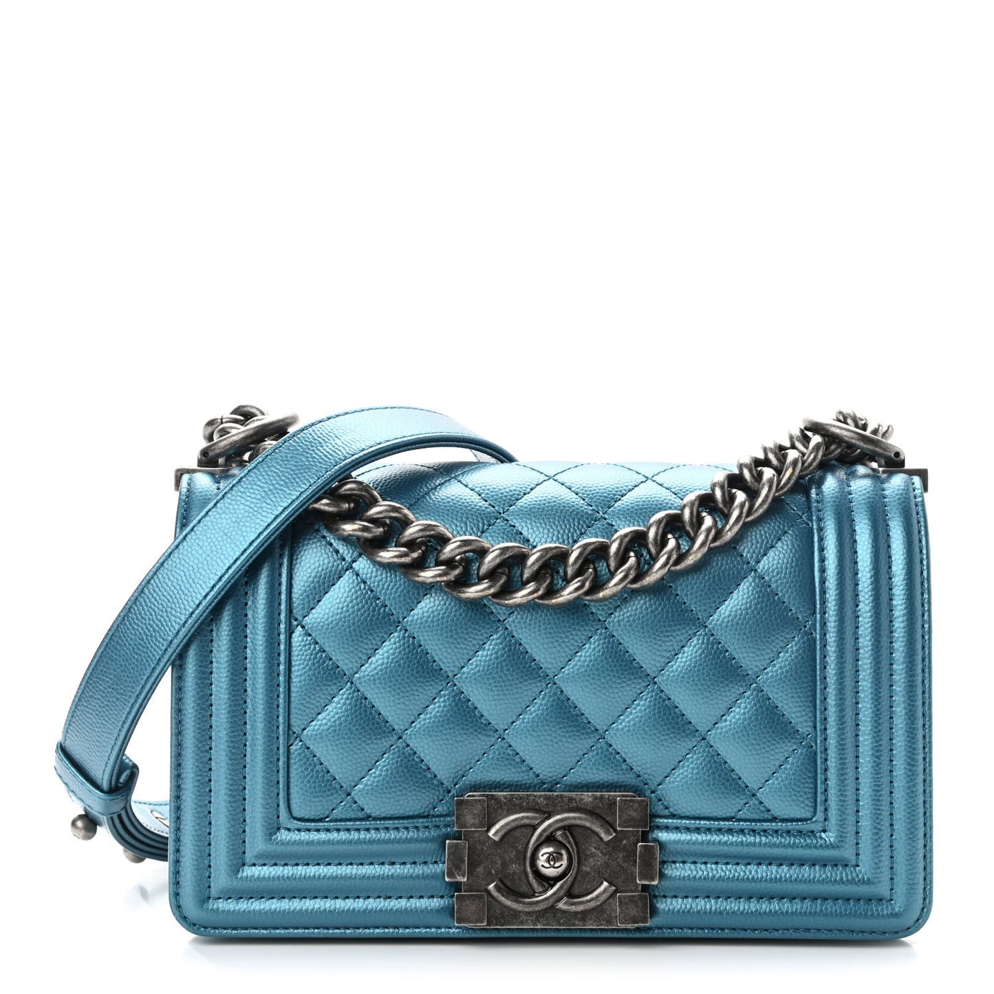 Metallic Caviar Quilted Small Boy Flap Turquoise