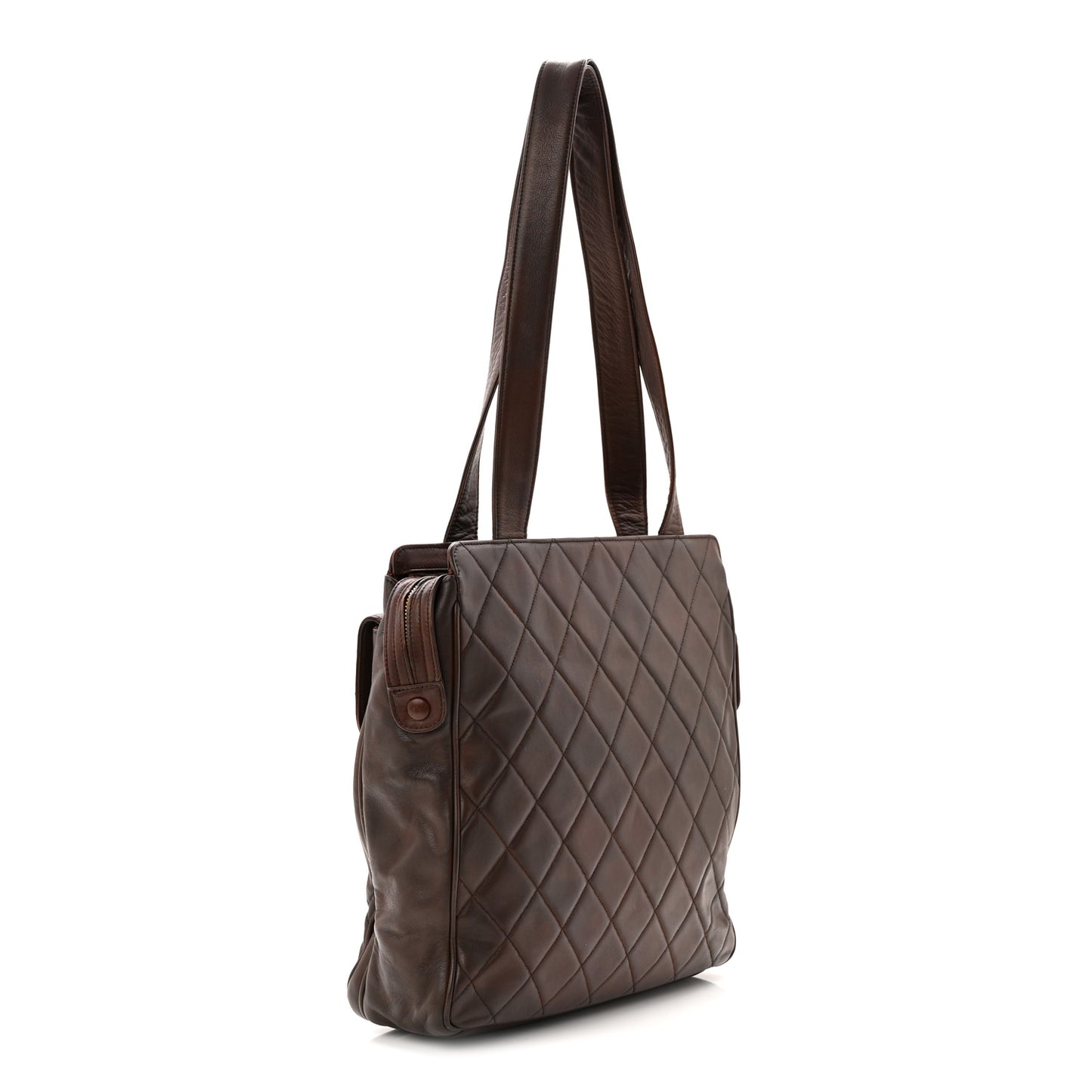 Lambskin Quilted Front Pocket Shopping Tote Brown