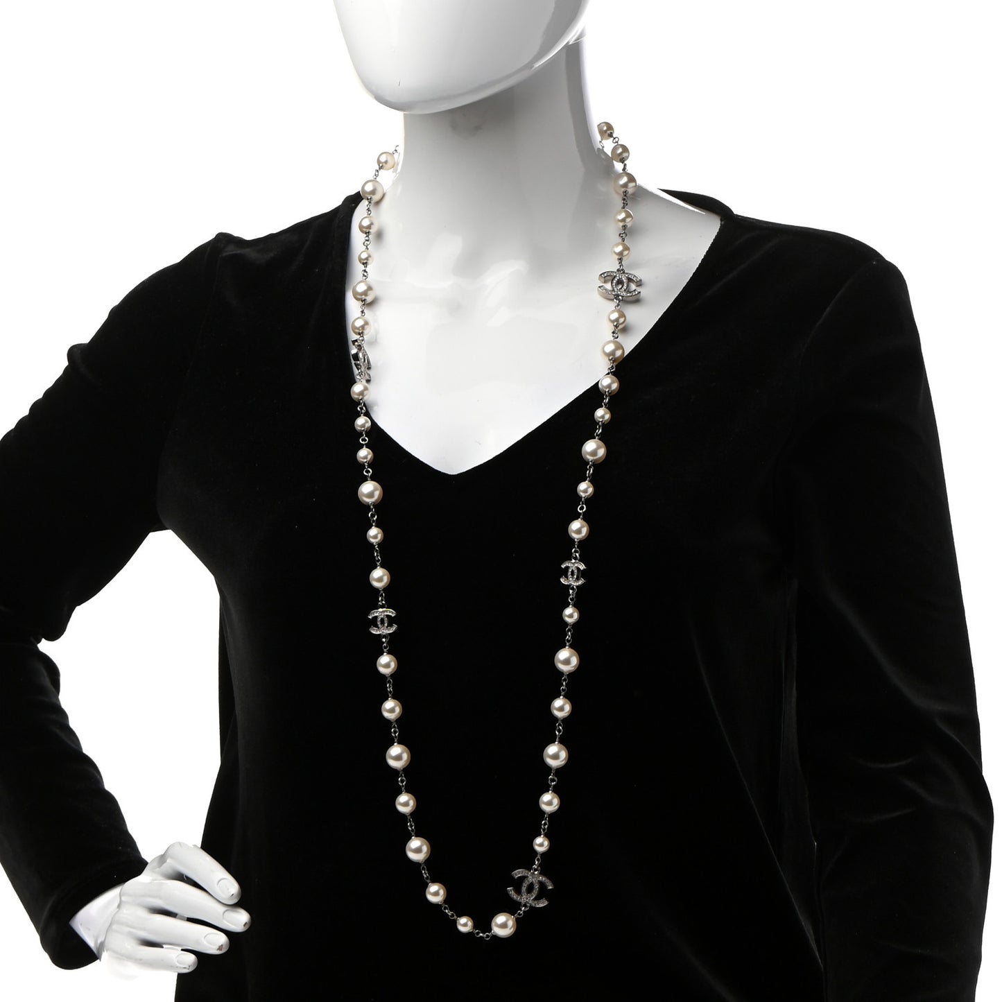 Graduated Pearl Crystal CC Long Necklace Silver