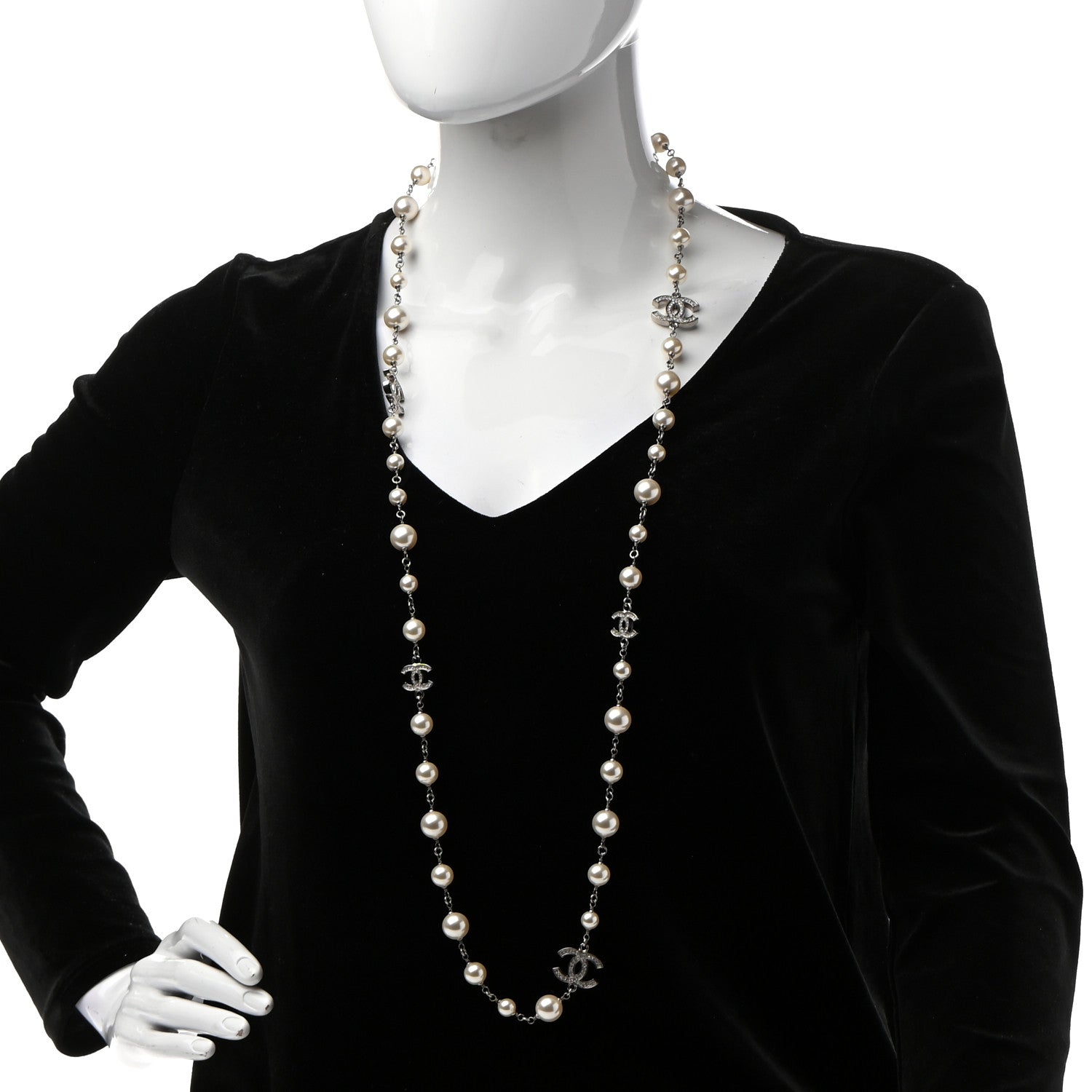 Chanel Graduated Pearl Crystal CC Long Necklace Silver 2 of 7