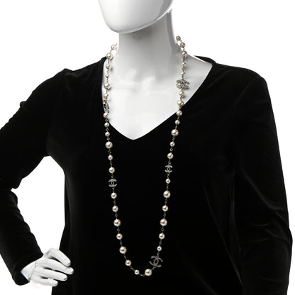 Chanel Graduated Pearl Crystal CC Long Necklace Silver 2 of 7