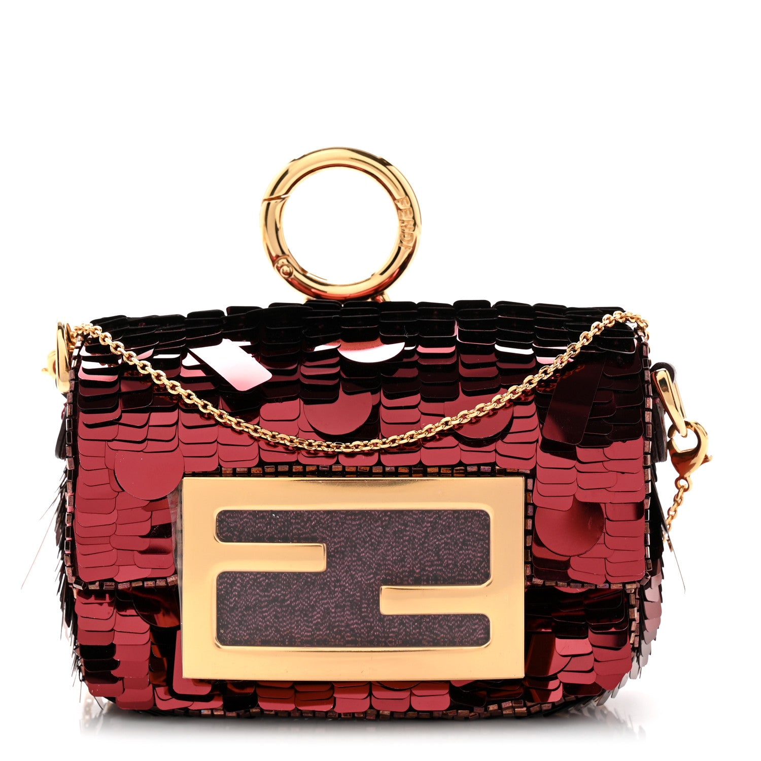 Fendi Sequin Paillettes Shiny Nappa Sex and the City Nano Maxi Buckle Baguette Charm Granata 1 of 10