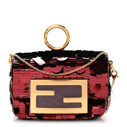 Fendi Sequin Paillettes Shiny Nappa Sex and the City Nano Maxi Buckle Baguette Charm Granata 1 of 10