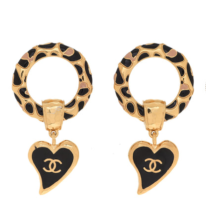 Chanel Resin CC Heart Drop Earrings Gold Black Beige 1 of 5