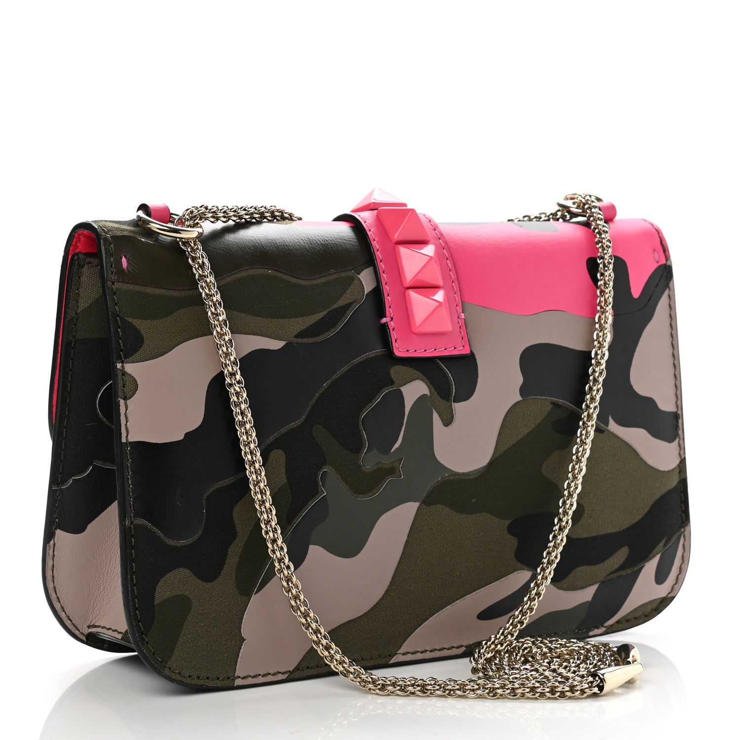 Valentino Garavani Nappa Canvas Camouflage Medium Glam Lock Rockstud Flap Fuxia Fluo 3 of 13