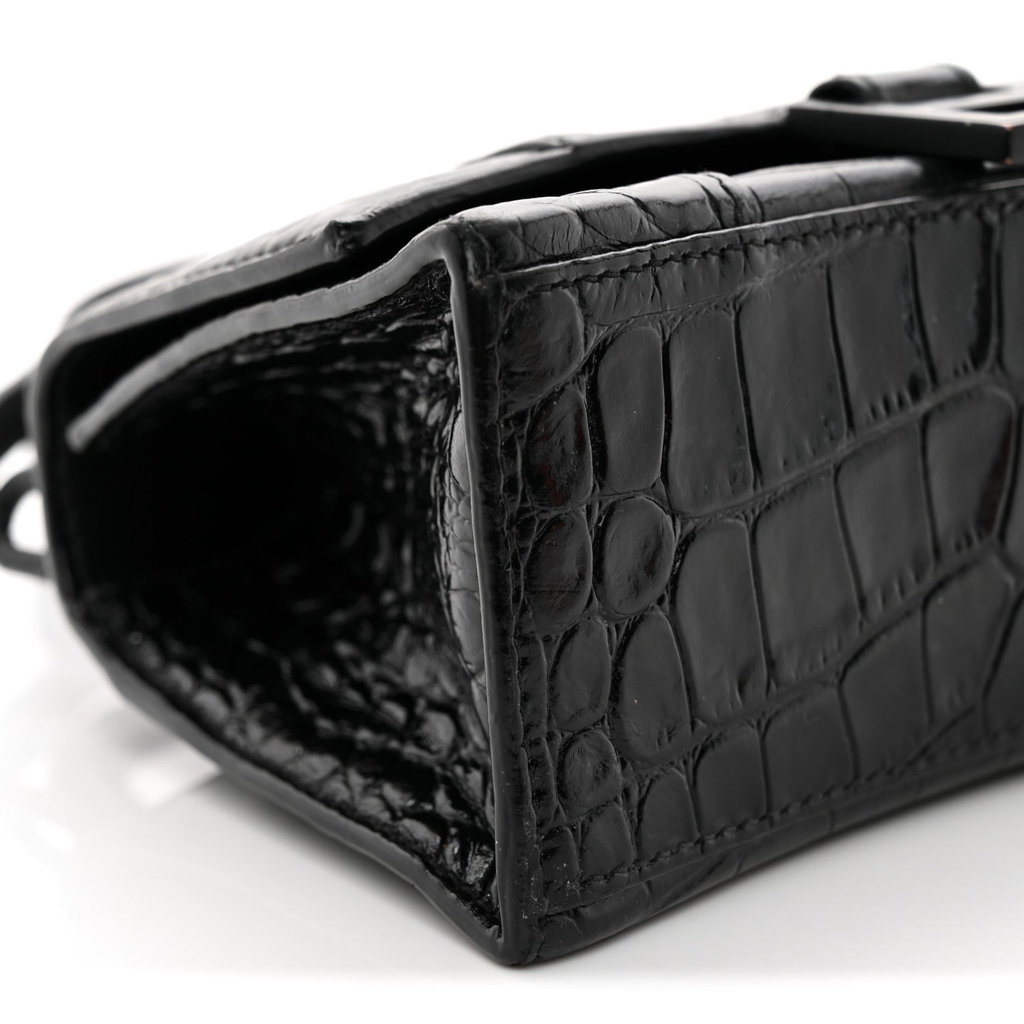 Shiny Calfskin Monochrome Crocodile Embossed Hourglass Top Handle Bag XS Black