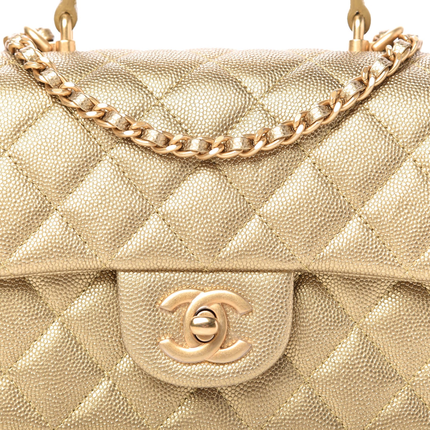 Metallic Caviar Quilted Mini Top Handle Rectangular Flap Gold