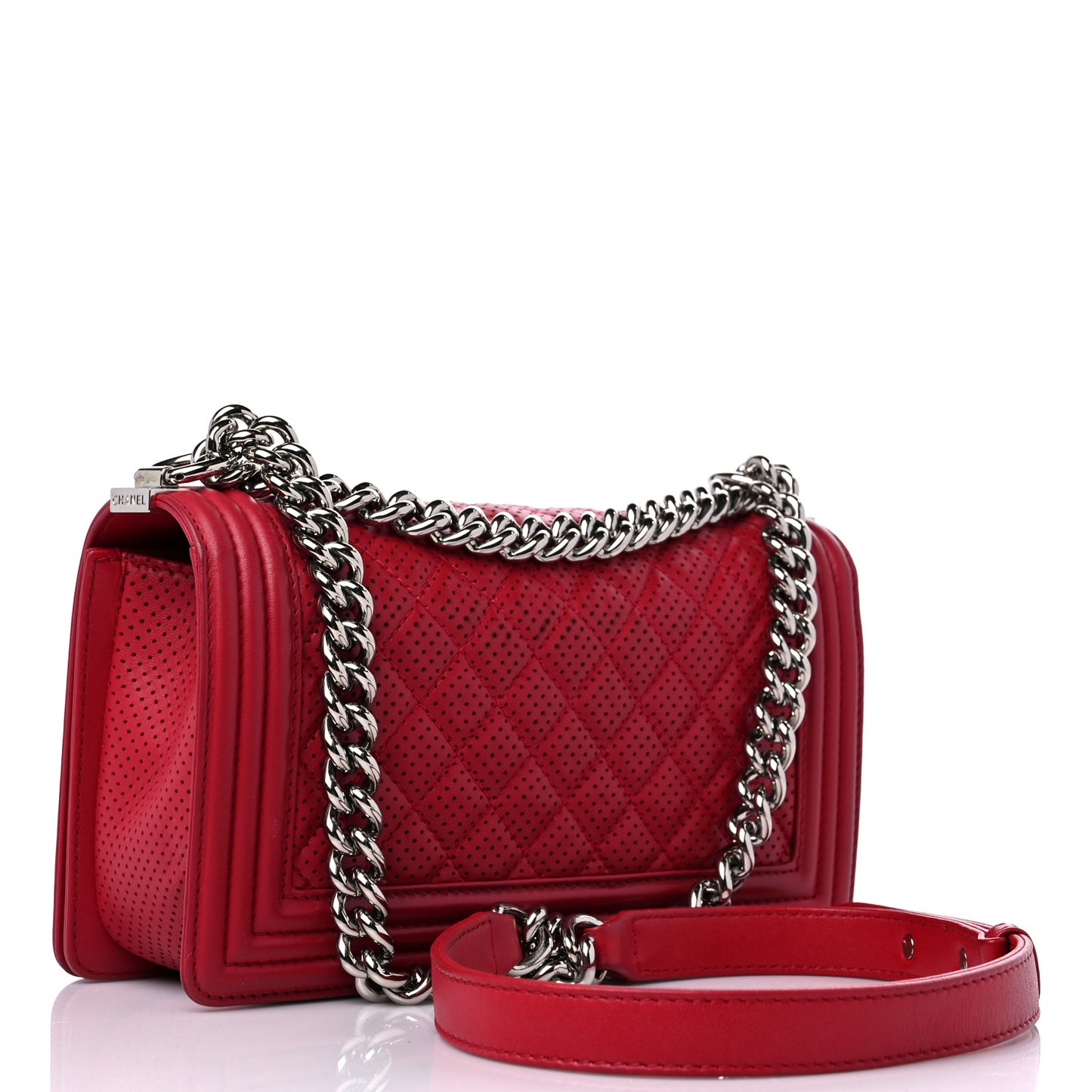 Perforated Lambskin Quilted Medium Boy Flap Red