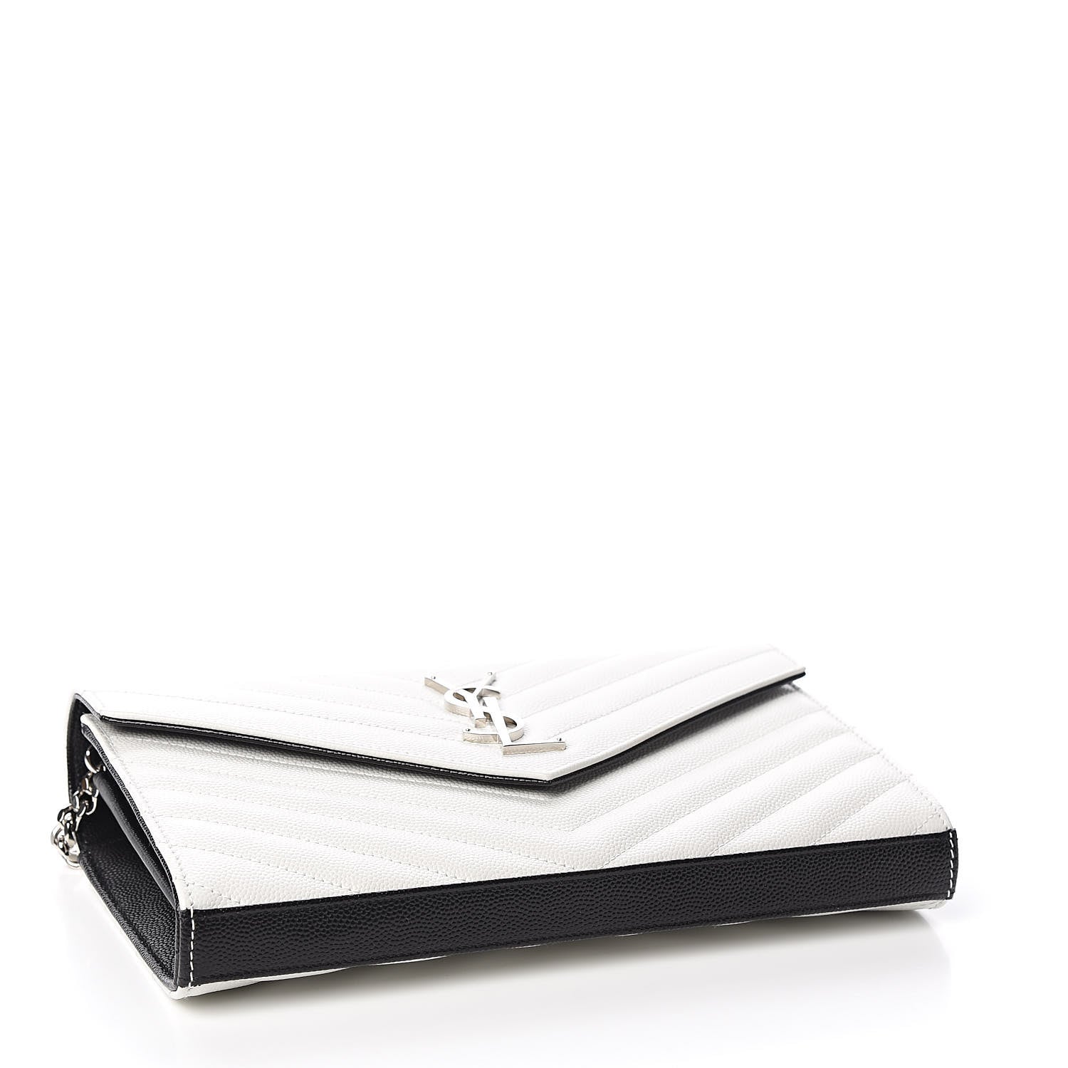 Saint Laurent Grain De Poudre Matelasse Bi-Color Chevron Monogram Chain Wallet White Black 4 of 10