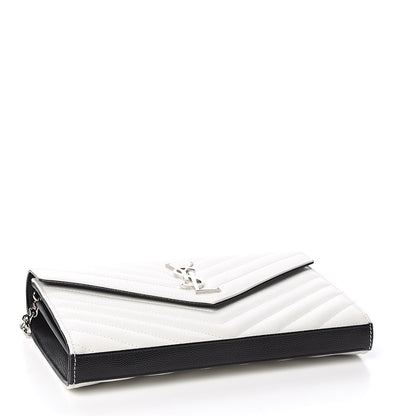 Saint Laurent Grain De Poudre Matelasse Bi-Color Chevron Monogram Chain Wallet White Black 4 of 10