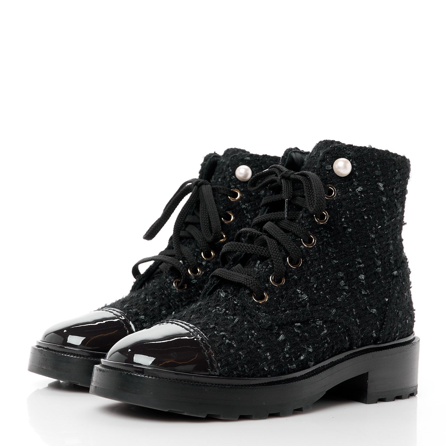 Tweed Patent Calfskin Pearl Combat Short Boots 35.5 Black Grey Blue