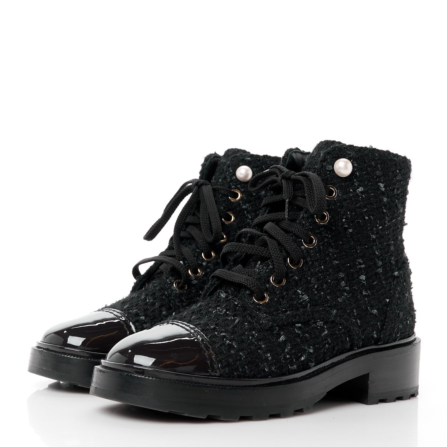 Chanel Tweed Patent Calfskin Pearl Combat Short Boots 35.5 Black Grey Blue 3 of 8